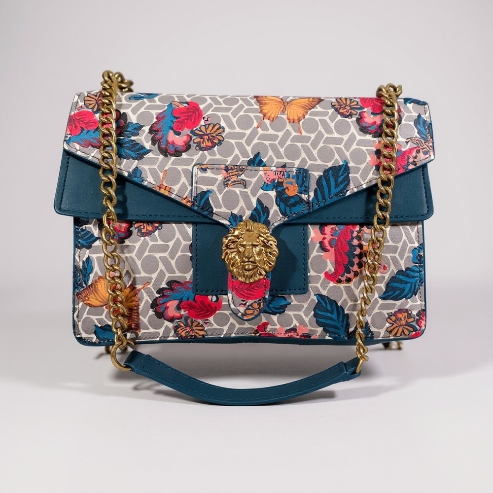 ​Anne Klein Diana Double Flap Azure Floral Butterfly Chain Shoulder Bag
